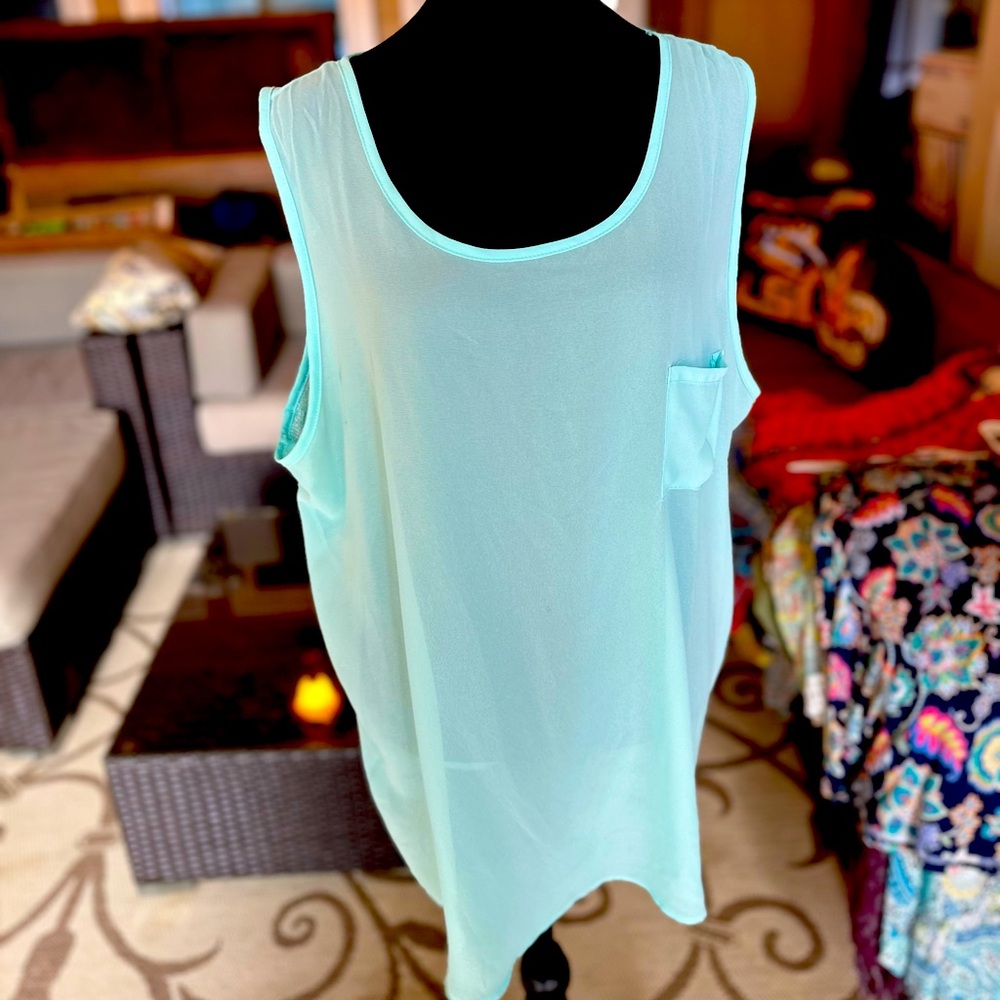 The Boutique Sheer Baby Blue Tank with sweater material in the back 3X